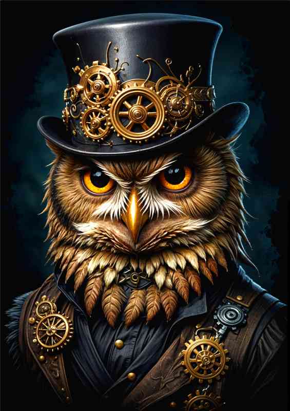 Steampunk owl wiith cogs surrealism