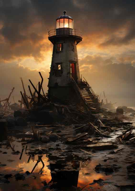 Lighthouse's Reverie Golden Skies Above