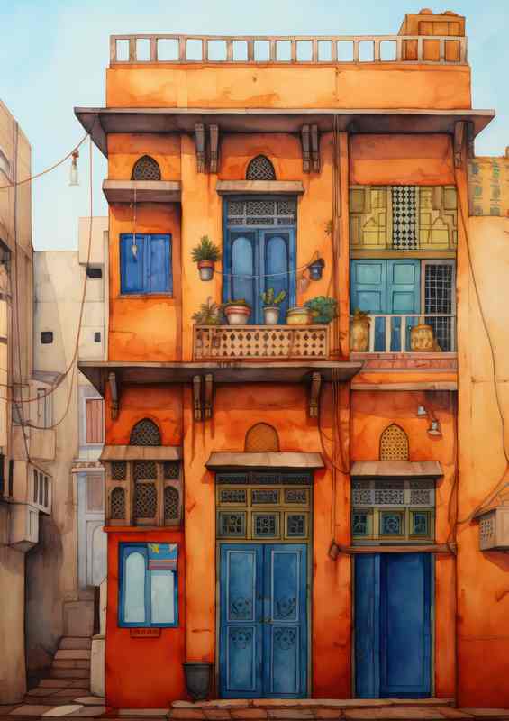 Painted style of a orange house buidling