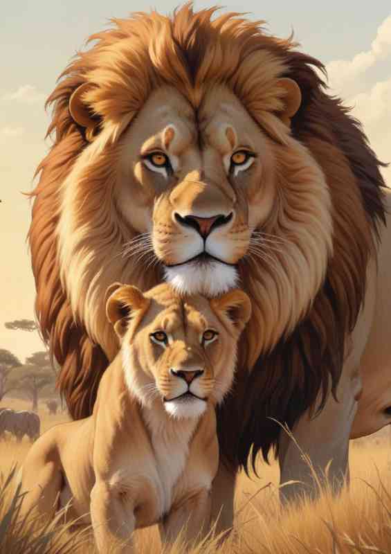 Large Lion standing with his cub proud