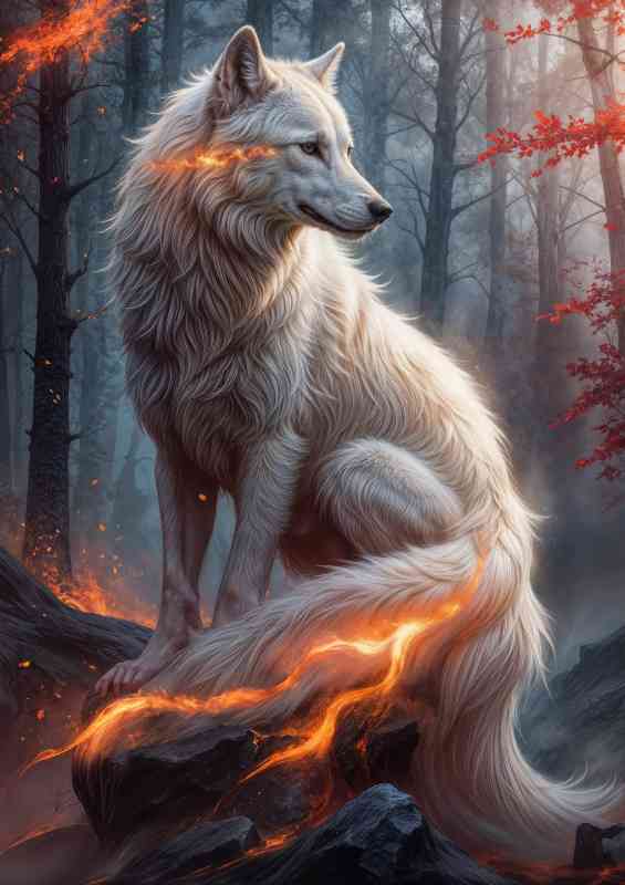 Majestic white wolf with flowing fur and glowing fire
