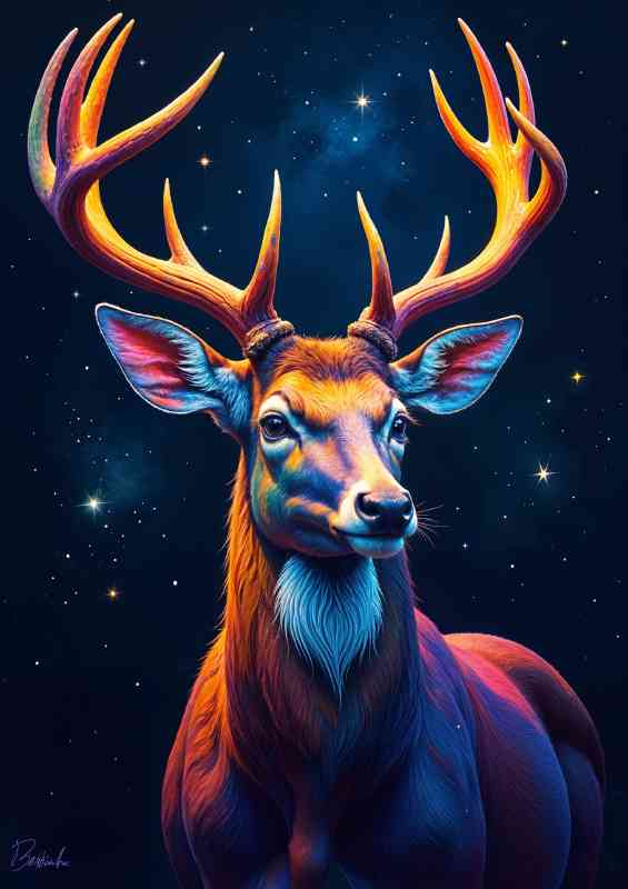 Psychedelic portrait of a deer with vibrant colored antlers