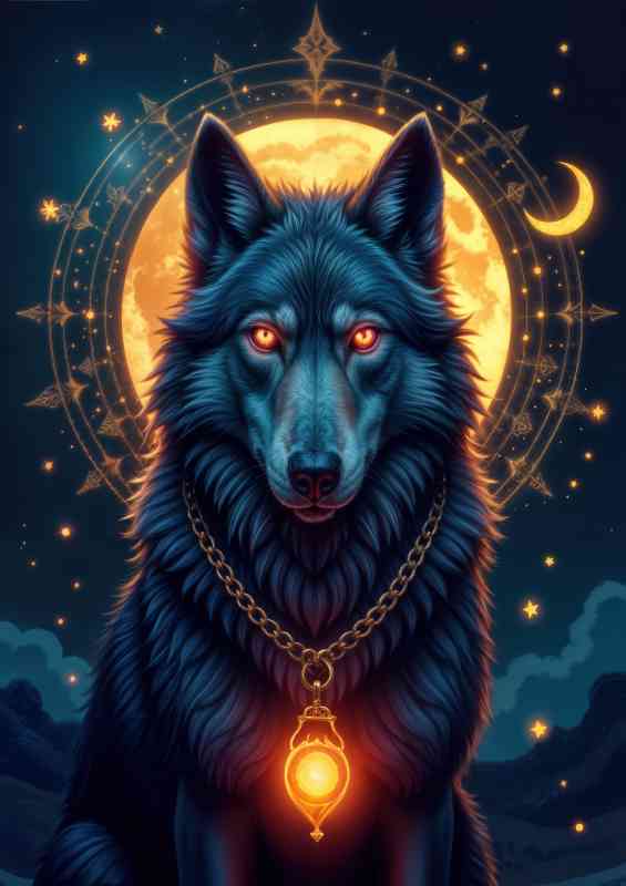 Shimmering blue and grey wolf with the moon