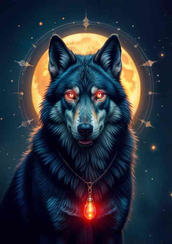Shimmering blue and-grey wolf with glowing red eyes