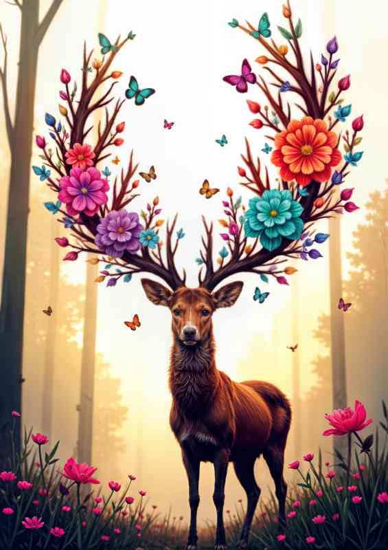 Stag with butterflies in its antlers in forest