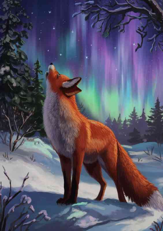 Vibrant winter landscape with a fox standing