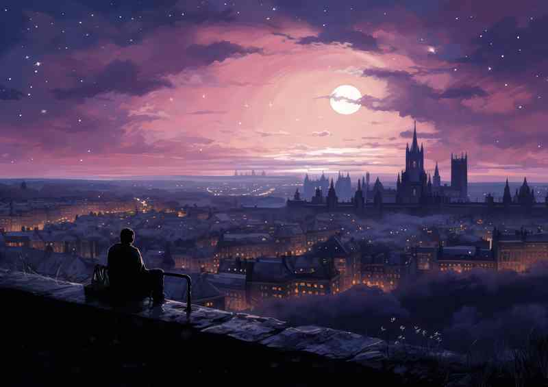 City at night looking across the purple skyline