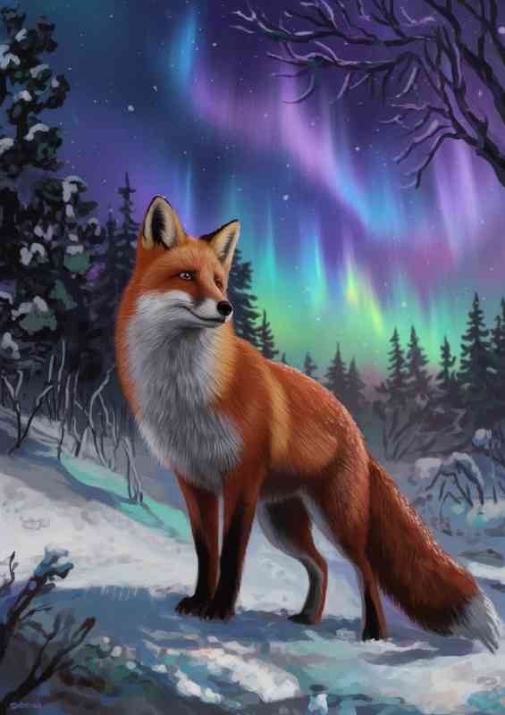 Winter landscape with a fox standing