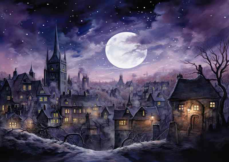 City at night with full moon
