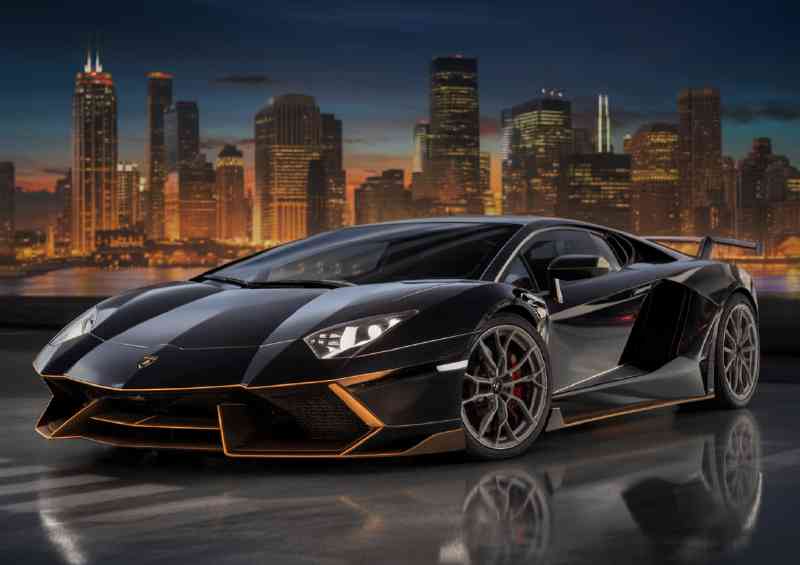Black sports car parked on a reflective surface
