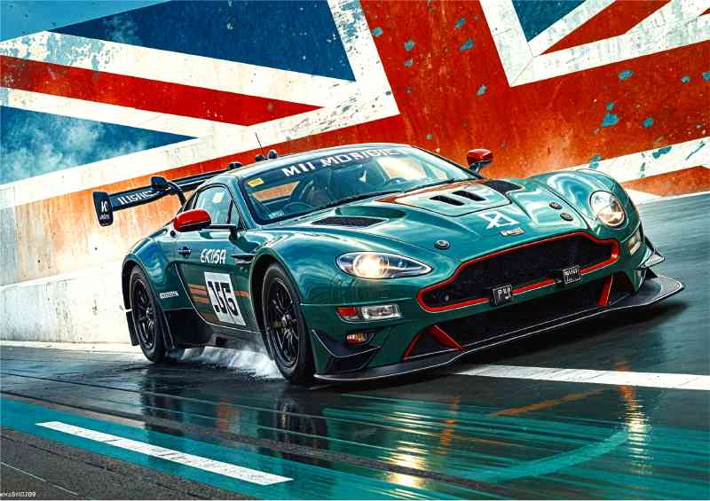 British race green aston martin racing in the rain