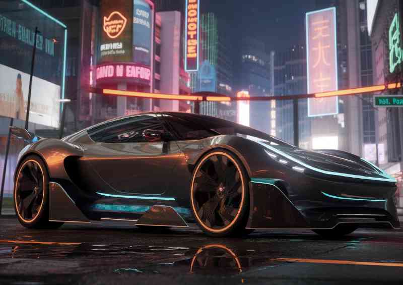 Futuristic sports car parked on a neon lit streets