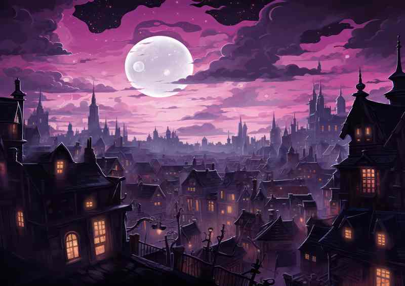 City with a cloudy purple sky at night
