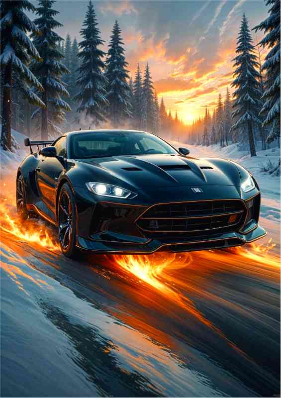 Black sports car burning through the forest