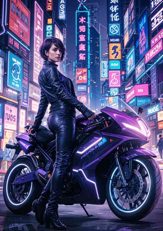 Futuristic purple motorcycle in a neon lit city street