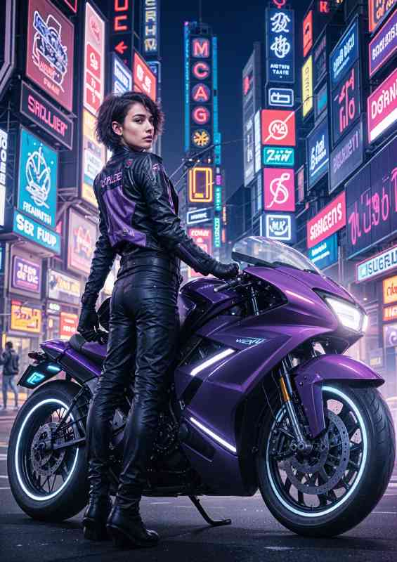 Futuristic purple racing motorcycle in a neon lit city street