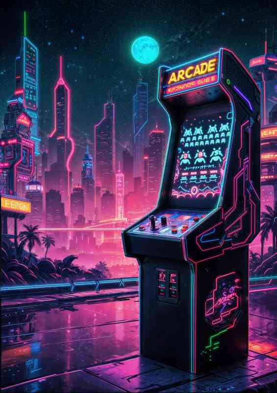 Retro gaming machine in the neon city