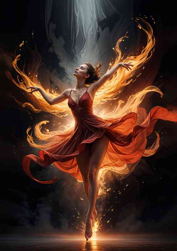 Dancer with fiery wings and a flowing red dress