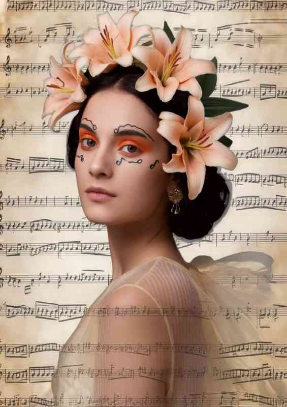 Woman with a serene expression with musical notes