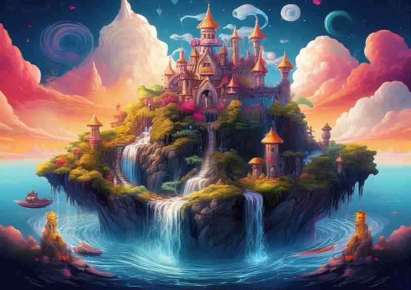 Floating castle with cascading waterfalls