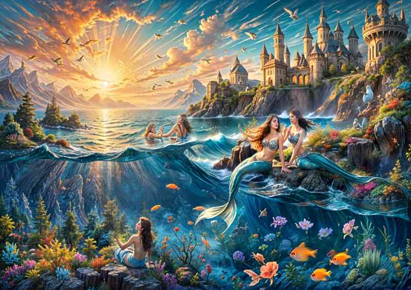 Mairmaids in the sea with a fairytail castle
