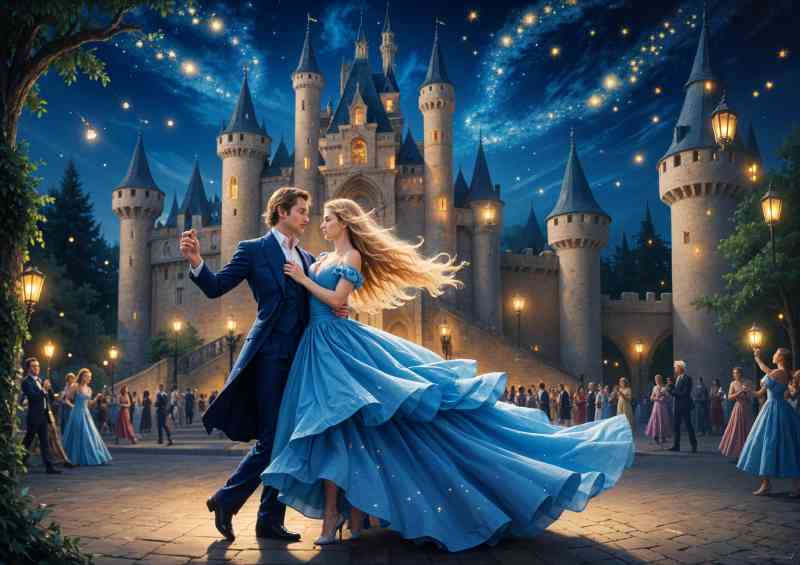 Princess and prince dancing next to the castle