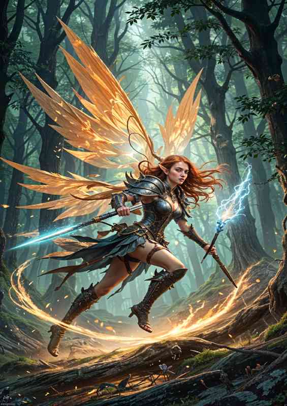 Elf style warrior with long bright red hair and with bright coloured magical wings