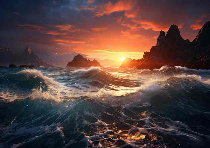 Stormy Evening Seas Fiery Sunset Battle
