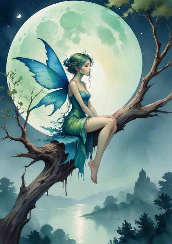 Fairy with blue and green wings sitting on a tree branch