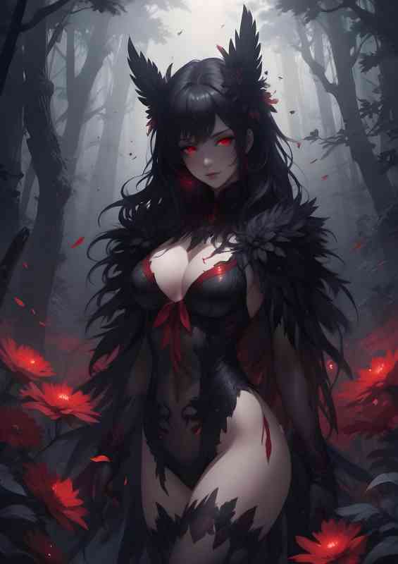 Misty forest with glowing red flowers animae