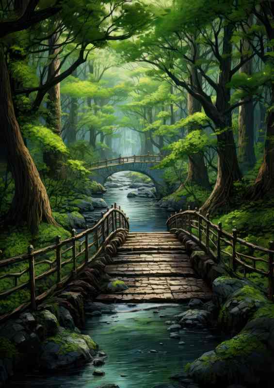 A Wooden bridge over the river with trees surrounded