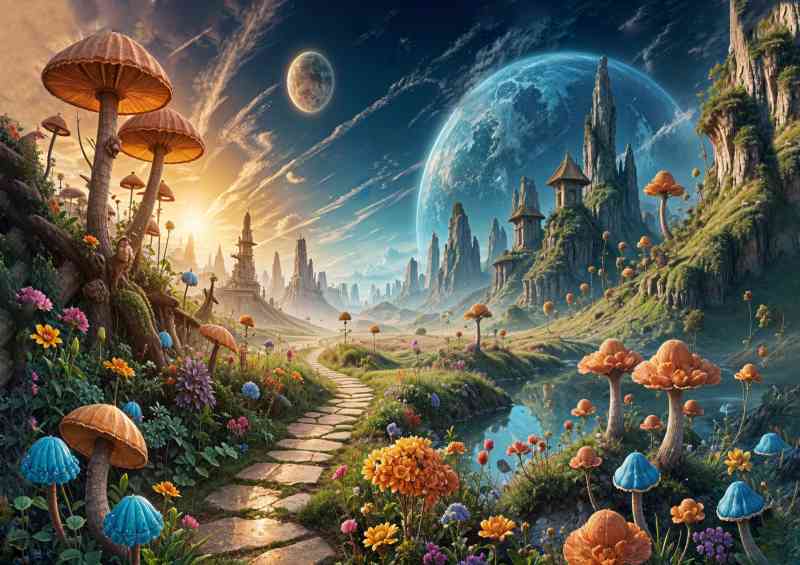 Mushroom landscapes dramatic skies fantasy