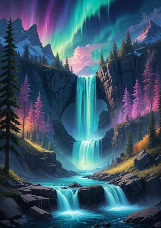 Forests and mountains The sky is filled with vibrant colorful aurora borealis