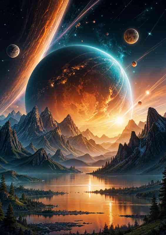 Glowing planet in the sky with mountains