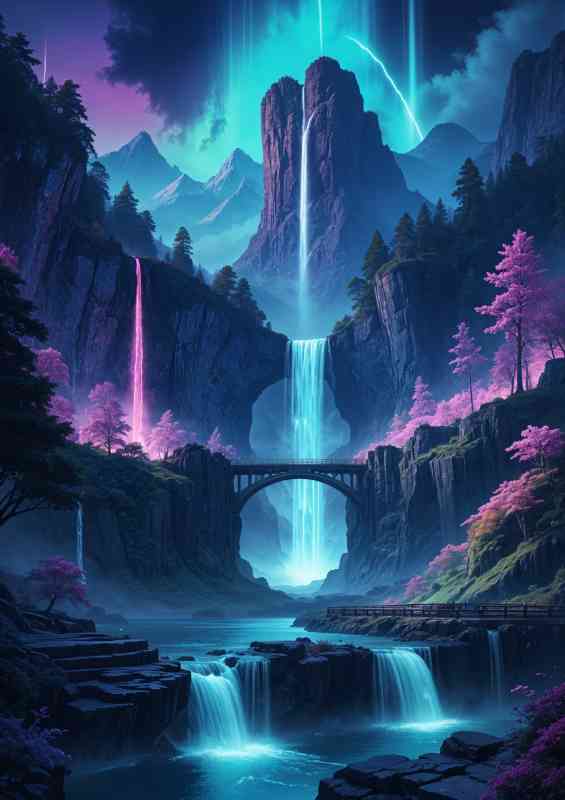 Landscape with a majestic waterfall cascading down towering cliffs