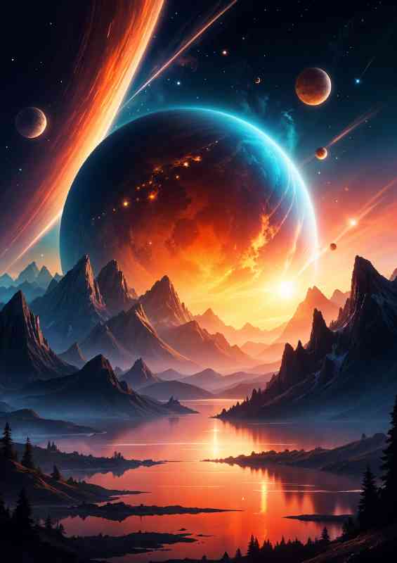 Large glowing planet in the sky with lakes and mountains