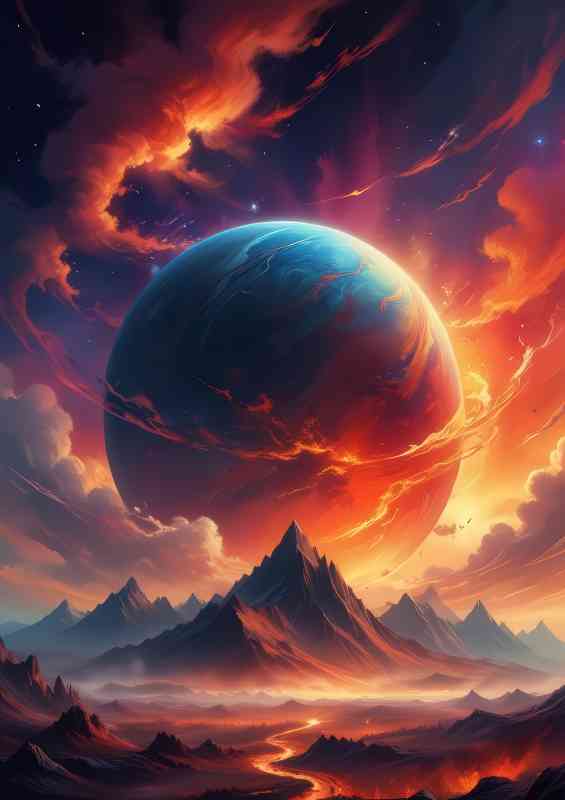 Large glowing planet with firey clouds and mountains