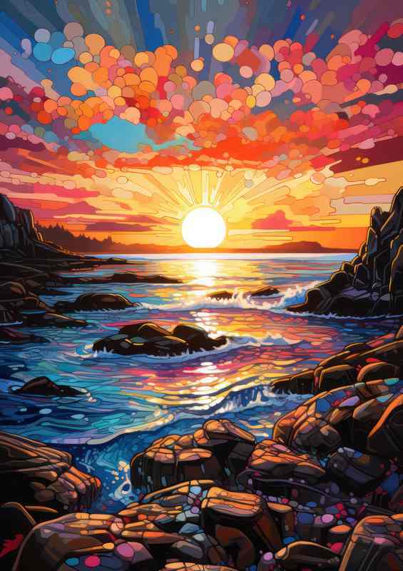 Beach with rocks in a setting sun