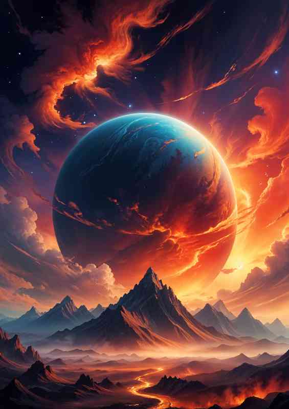 Planet with a vibrant atmosphere mountains landscape