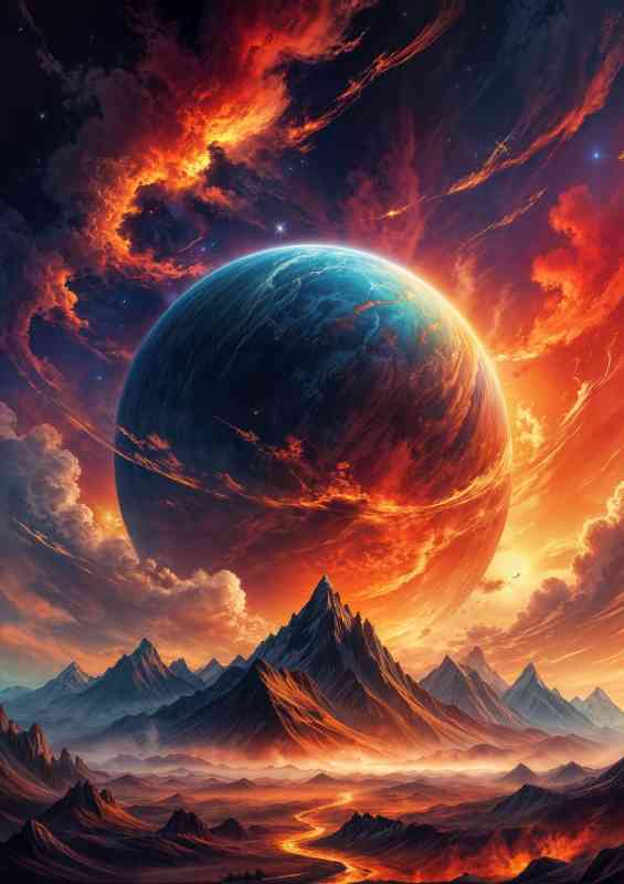 The colourful mountains with the fire planet