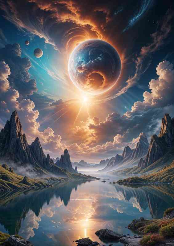 fantasy landscape with a large, glowing planet or celestial body in the sky