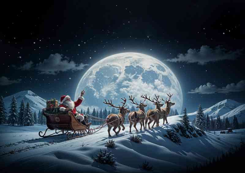 Jolly santas clause flying with his raindeers