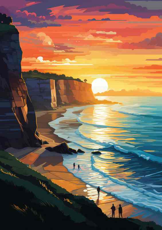 Cliffs and a beach scene with setting sun