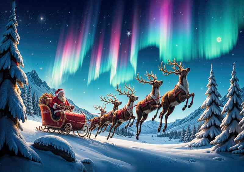 Santa and the aura night skywith raindeers