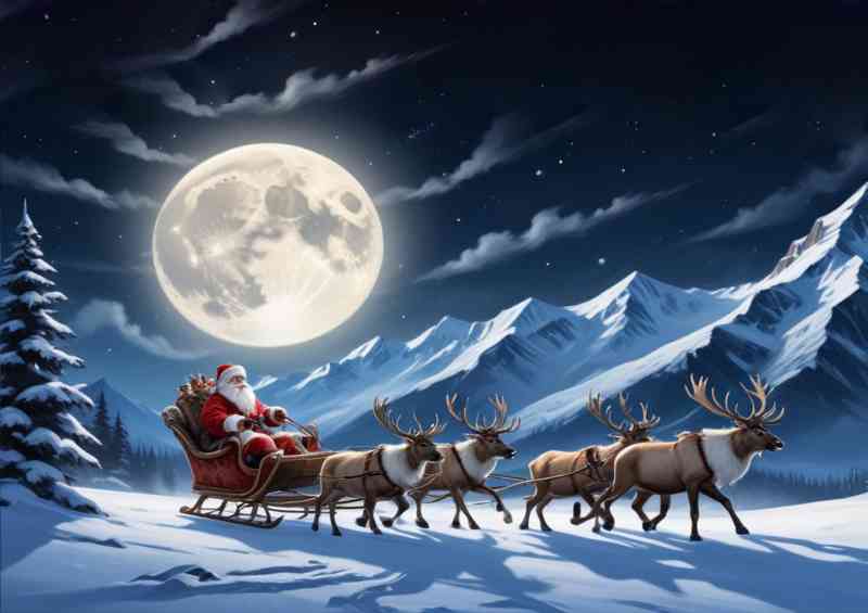 Santa clause with raindeers and the full moon