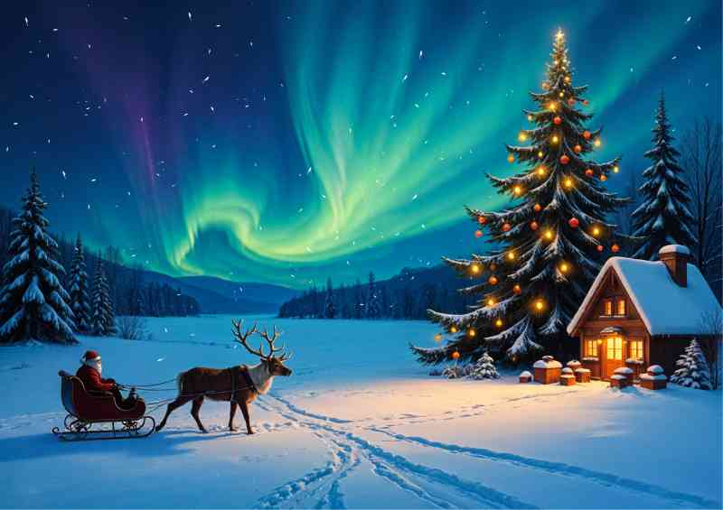 Santas north pole house and a large christmas tree