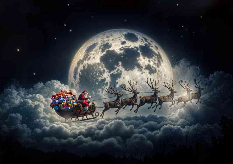 Santas sleigh full of presents over the full moon