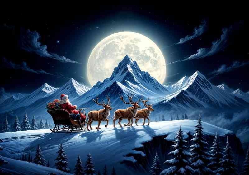 White snowy mountains and father christmas with raindeers