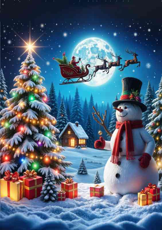The snowman and presents under the tree
