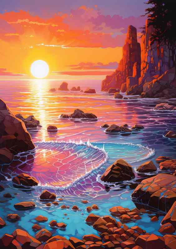 Painted style beach with a orange setting sun